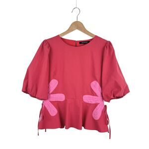 Strut & Bolt Red Puff Sleeve Flower Blouse